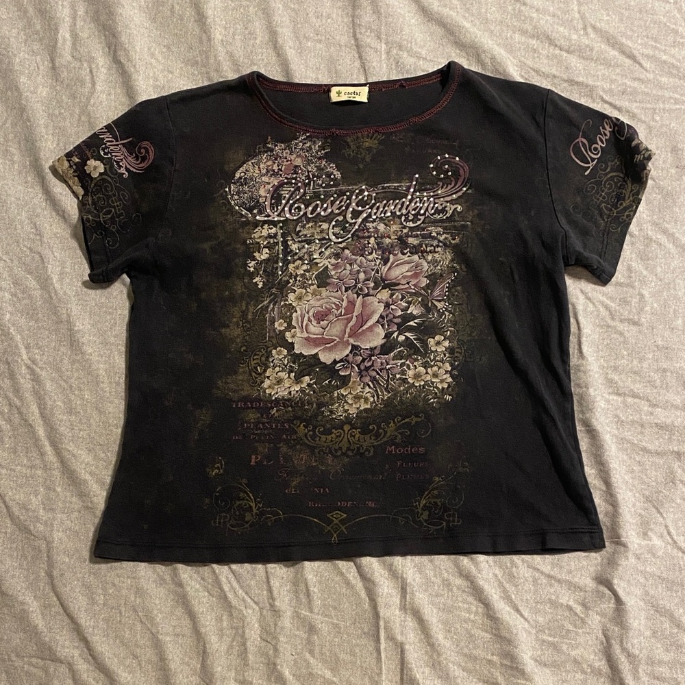 Vintage Cactus Black Tee with Rose Garden rhinestone Graphic